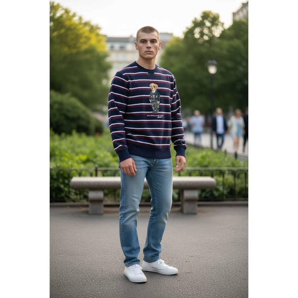 Polo Ralph Lauren Mens Striped Polo Bear Sweatshirt Navy Burgundy White Size M